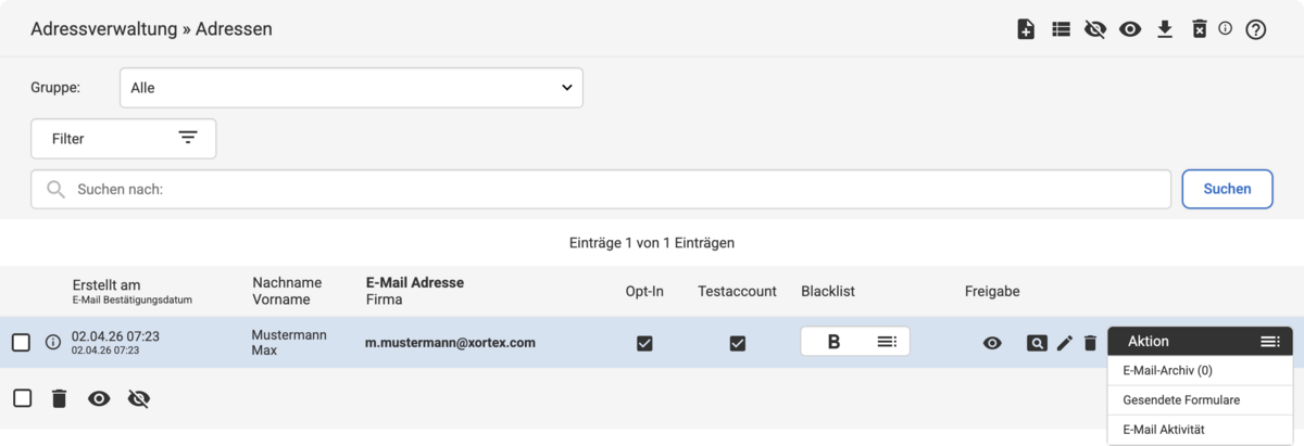 Backend Listenübersicht unter Adressverwaltung Adressen mit einem Adresseintrag und geöffnetem Aktions-Dropdown