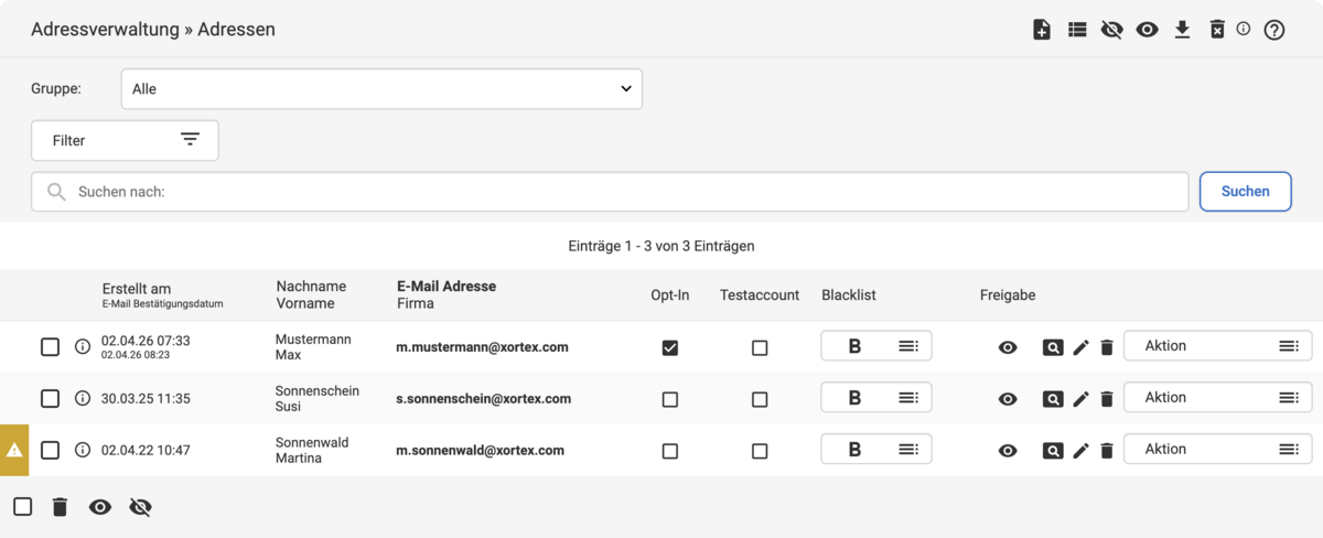 Backend Listenübersicht unter Adressverwaltung Adressen mit drei Einträgen