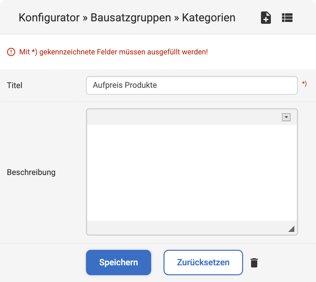 Eingabemaske zum Erstellen einer neuen Kategorie bei Konfigurator Bausatzgruppen