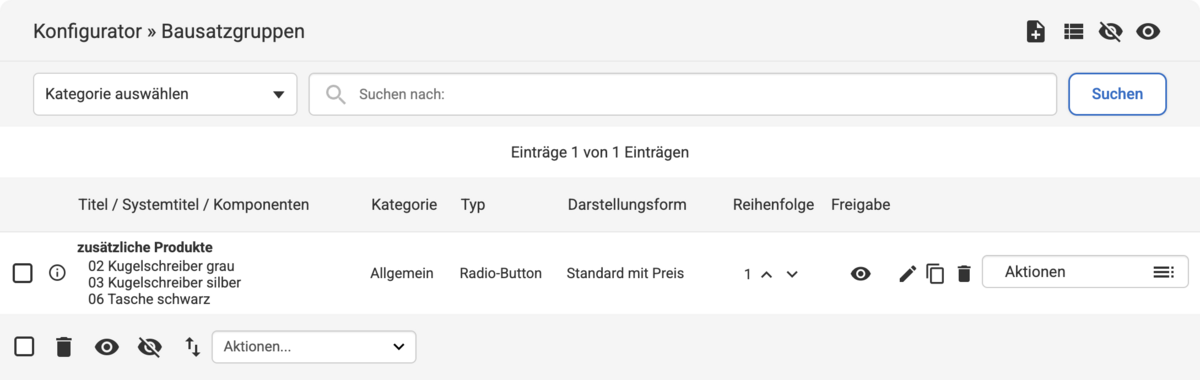 Listenübersicht unter Konfigurator Bausatzgruppen mit einem Beispiel