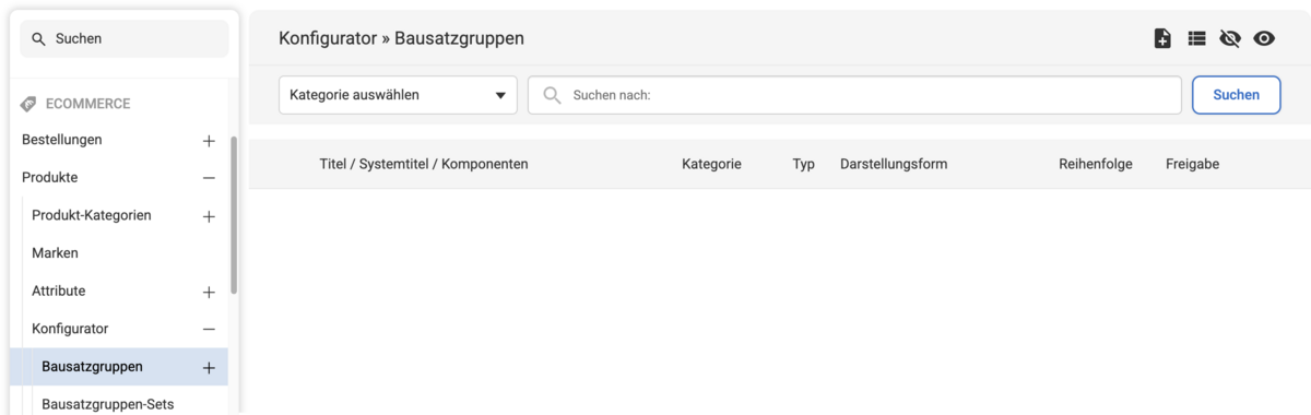Markierung von Konfigurator Bausatzgruppen in der Navigationsliste mit noch leerer Listenübersicht