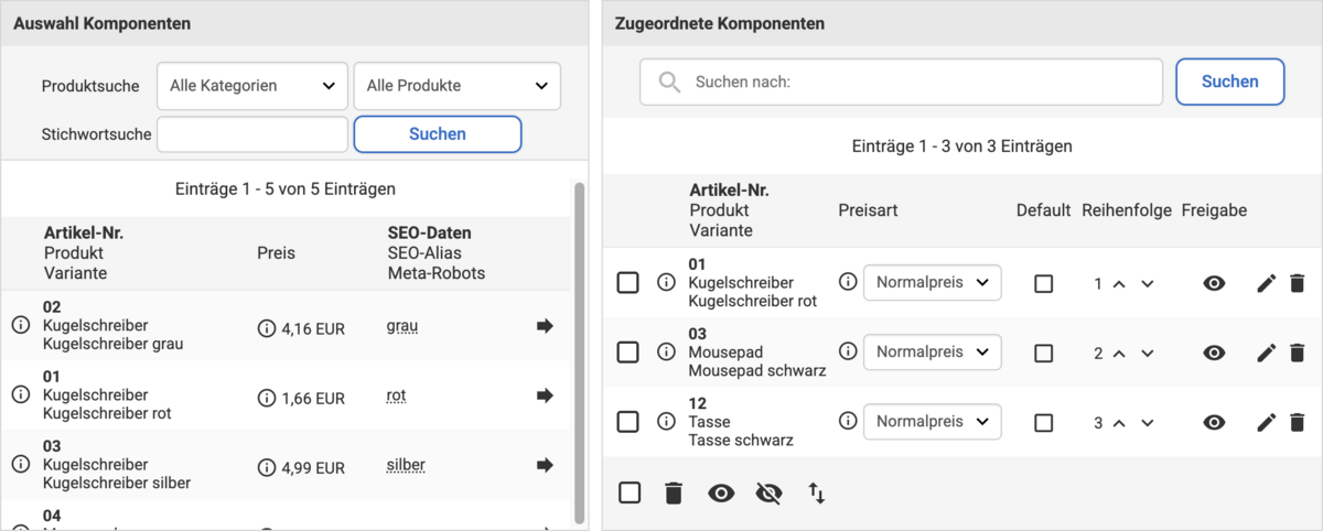 Backend Eingabemaske unter Produktkatalog Bausatzgruppen-Zuordnung mit den zwei Spalten für verfügbare und zugeordnete Bausatzgruppen