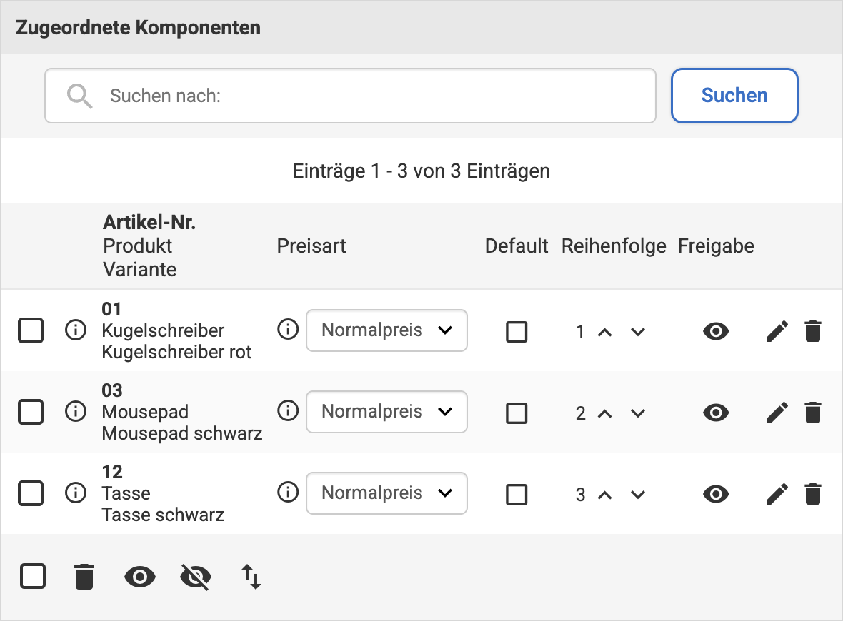 Bearbeitungsmöglichkeiten in der Listenübersicht bei zugeordneten Komponenten