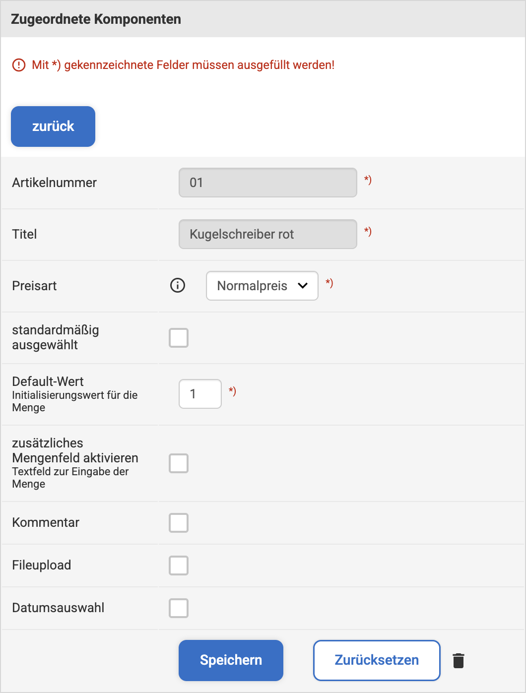 Eingabemaske bei zugeordneten Komponenten mit verschiedenen Einstellungsmöglichkeiten