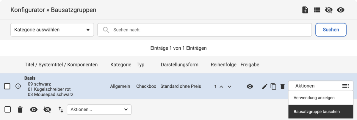Bei einem Beispiel unter Konfigurator Bausatzgruppen geöffnetes Aktions-Dropdown mit Markierung vom Eintrag Bausatzgruppe tauschen