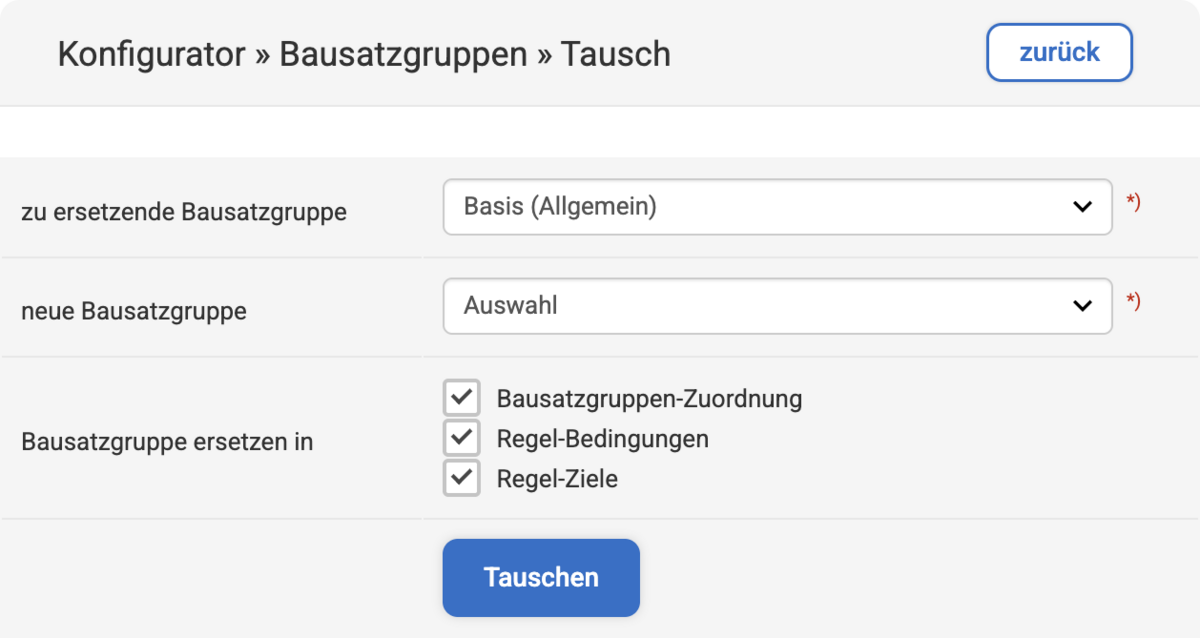 Eingabemaske für das Tauschen von Bausatzgruppen im Konfigurator