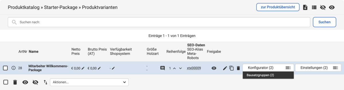 Bei einem Beispiel unter Produktvarianten geöffnetes Aktions-Dropdown mit Markierung vom Eintrag Bausatzgruppe