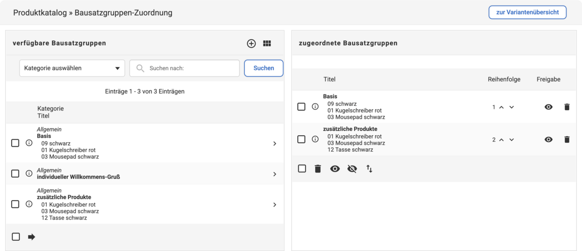 Backend Eingabemaske unter Produktkatalog Bausatzgruppen-Zuordnung mit den zwei Spalten für verfügbare und zugeordnete Bausatzgruppen