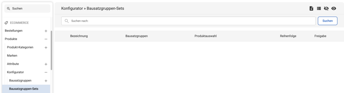 Markierung von Konfigurator Bausatzgruppen-Sets in der Navigationsliste mit noch leerer Listenübersicht