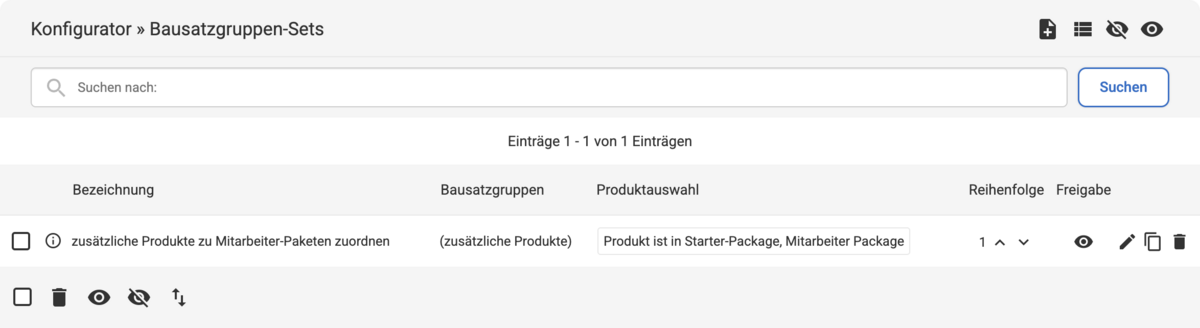 Beispiel unter Konfigurator Bausatzgruppen-Set in der Listenübersicht