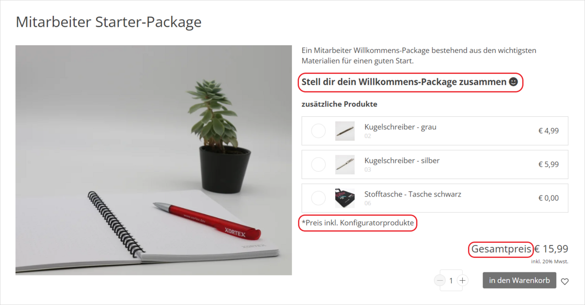 Beispiel im Frontend mit den verschiedenen Texten aus den Customizing-Einstellungen vom Produktkonfigurator