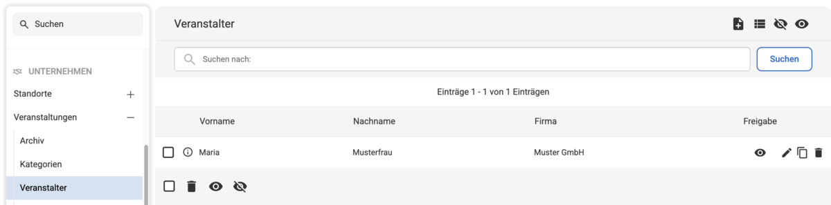 Backend Listenübersicht unter Veranstaltungen Veranstalter mit einem Beispiel-Eintrag