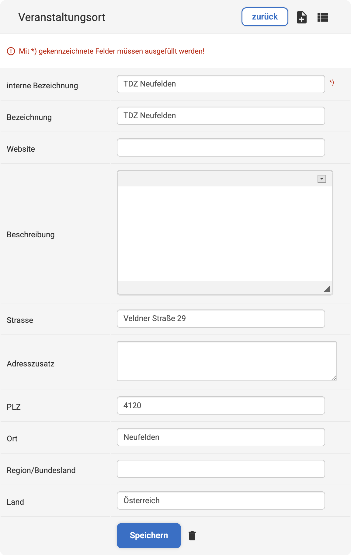 Backend Eingabemaske zum Anlegen eines Veranstaltungsortes