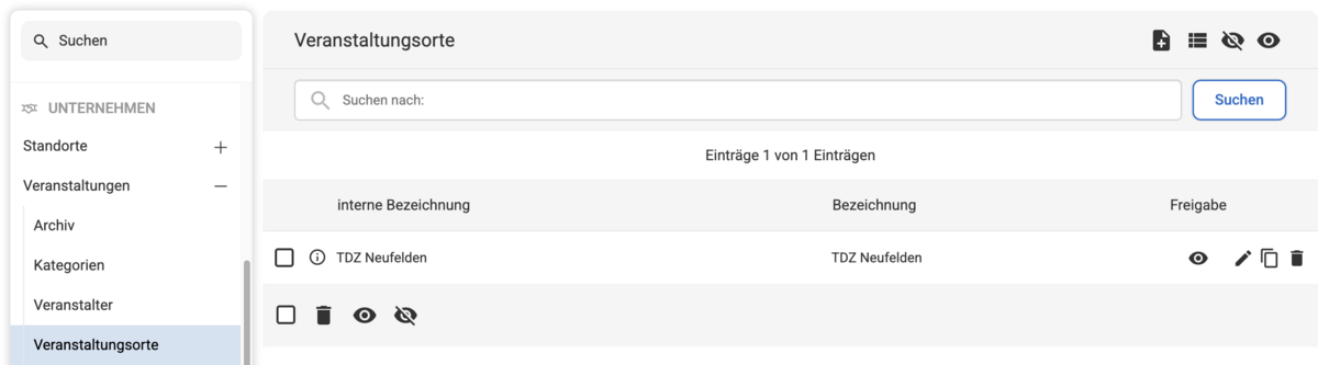 Backend Listenübersicht unter Veranstaltungsorte mit einem Beispiel-Eintrag