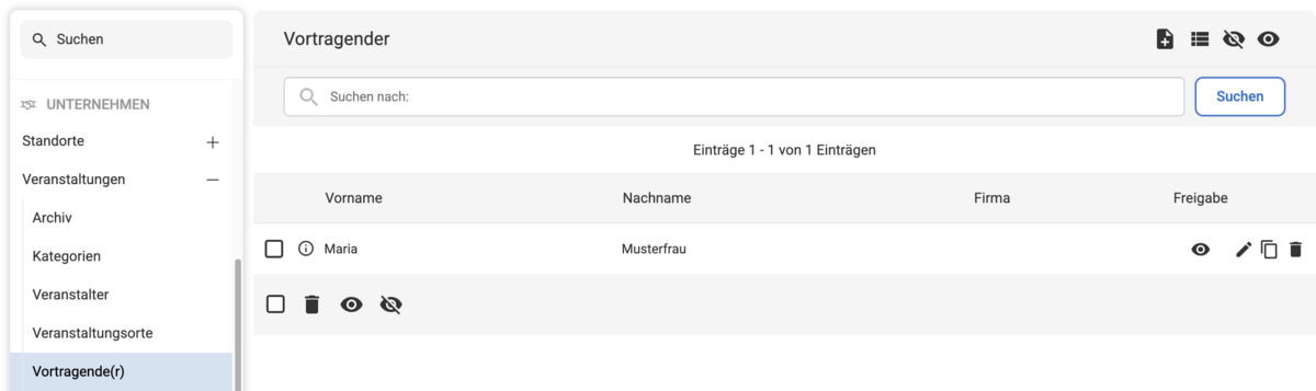Backend Listenübersicht unter Vortragende(r) mit einem Beispiel-Eintrag