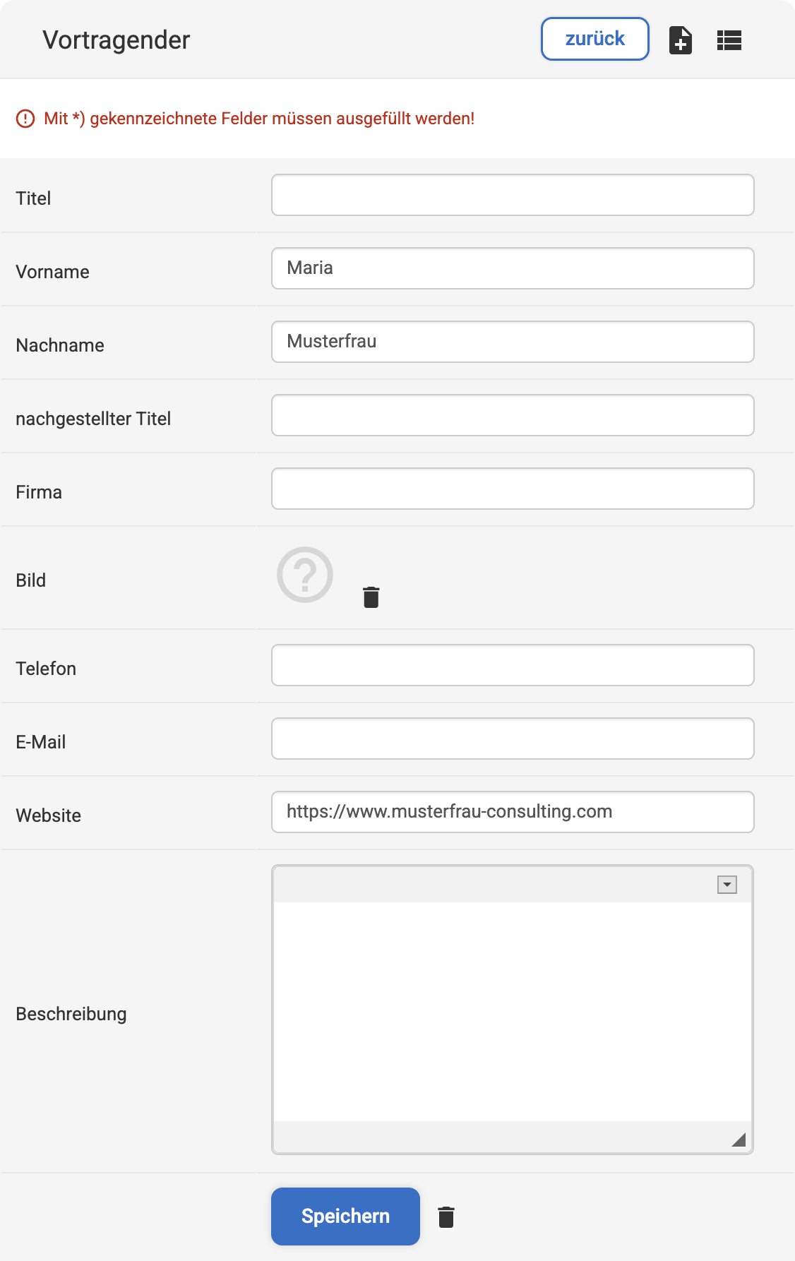 Backend Eingabemaske zum Anlegen einer Vortragenden