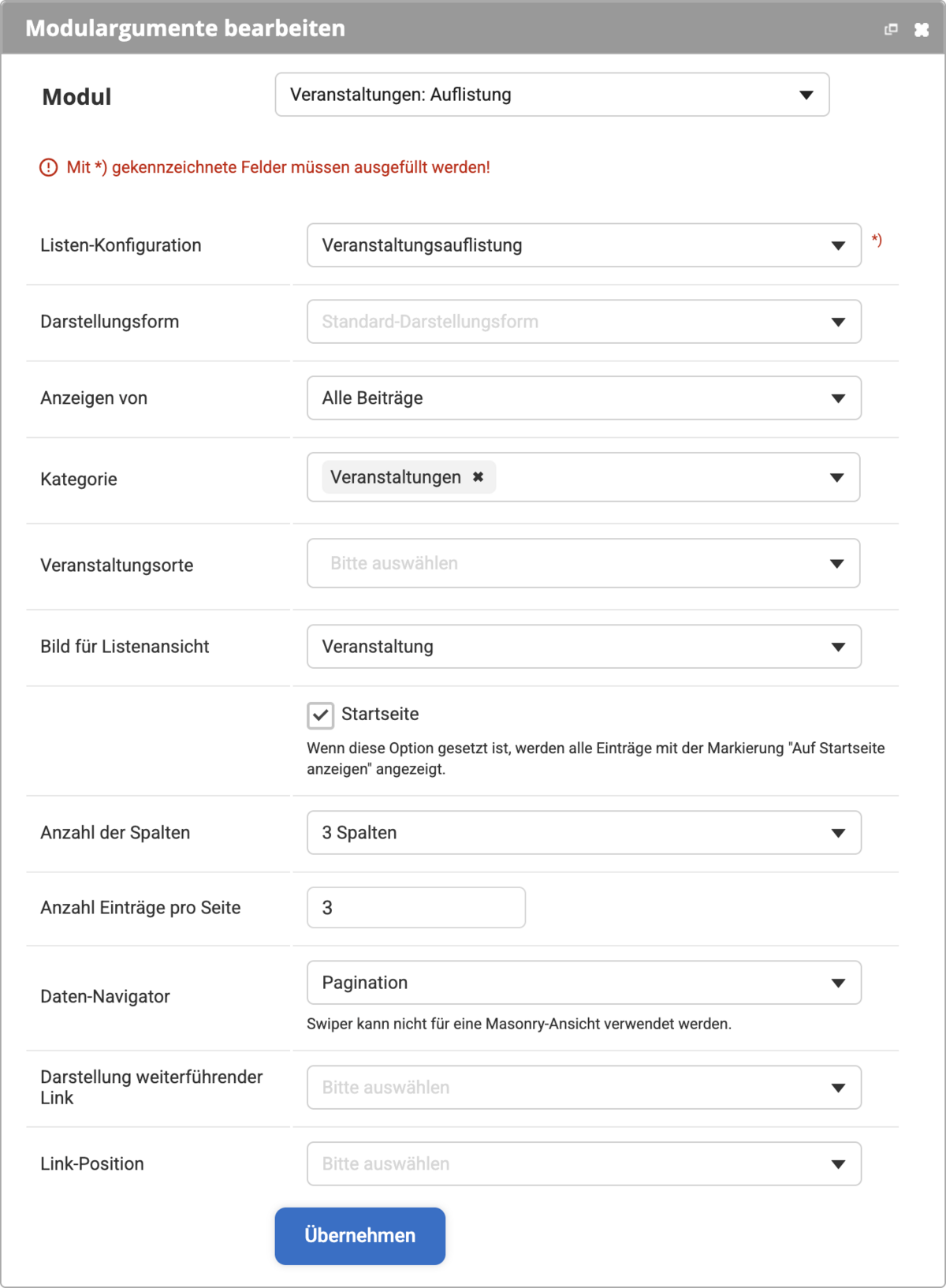 Backend Modul Veranstaltungen Auflistung mit allen Einstellungsmöglichkeiten für die Listenübersicht, Checkbox Startseite ist aktiviert