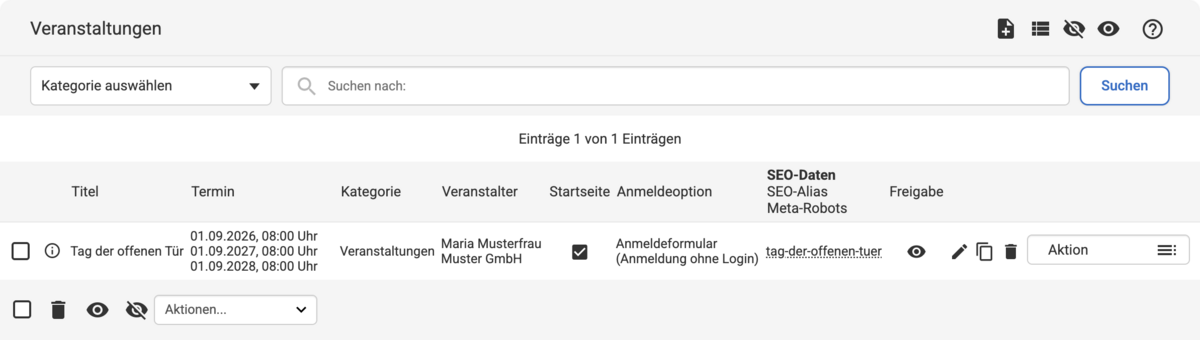 Backend Listenübersicht der Veranstaltungen mit einem Beispiel-Eintrag
