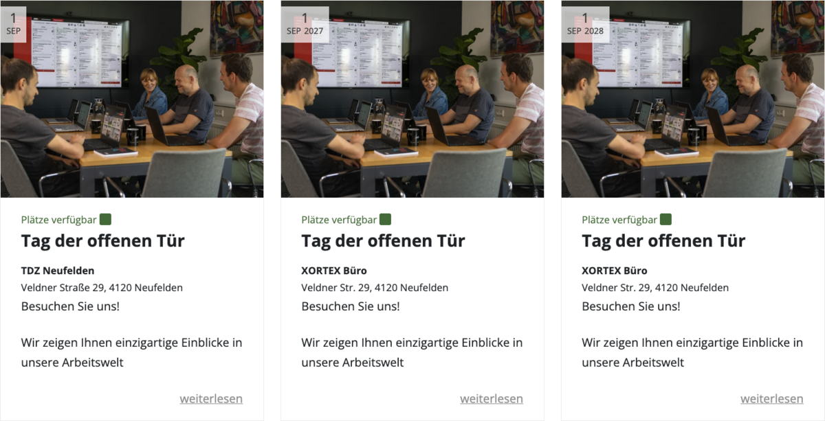 Frontend Beispiel mit Serienterminen in der Listenübersicht, Darstellung aller Termine als eigener Listeneintrag