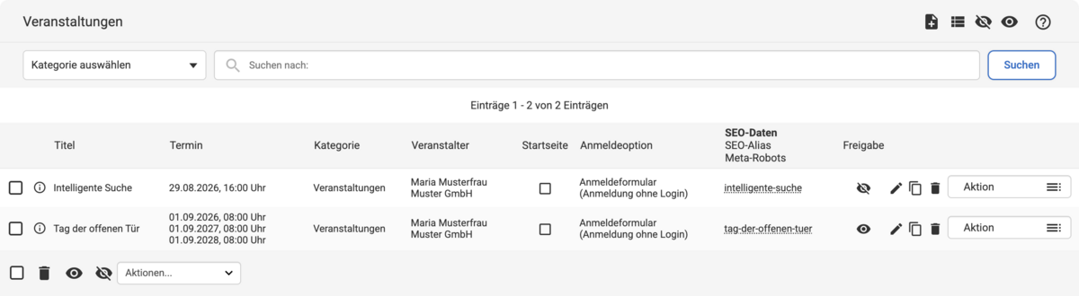 Backend Listenübersicht mit zwei Beispiel-Veranstaltungen, eine eingeblendet, eine ausgeblendet