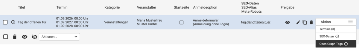 Backend Listenübersicht bei einer Veranstaltung mit geöffnetem Aktions-Dropdown mit markiertem Eintrag Open Graph Tags