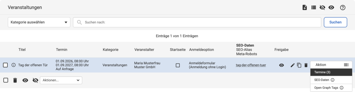 Backend Listenübersicht bei Veranstaltungen mit geöffnetem Aktions-Dropdown mit markiertem Eintrag Termine