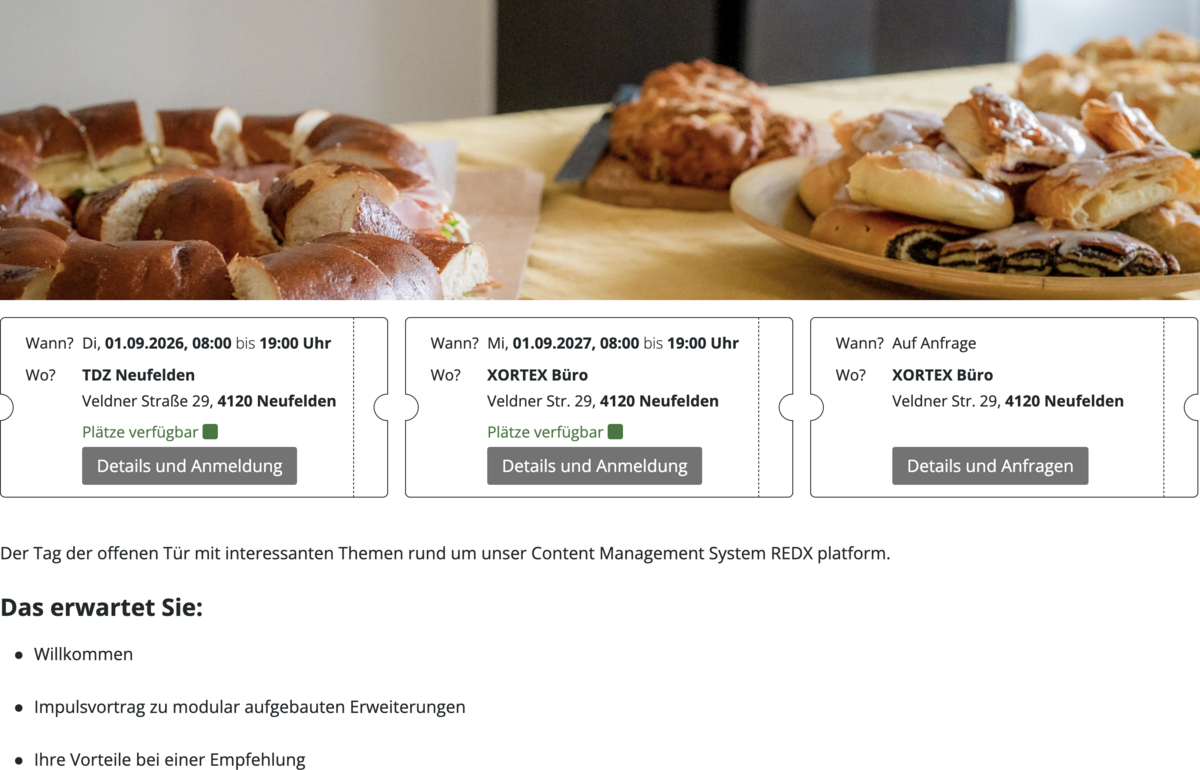 Frontend Beispiel einer Veranstaltungsdetailseite mit drei Terminen und Veranstaltungsinfos