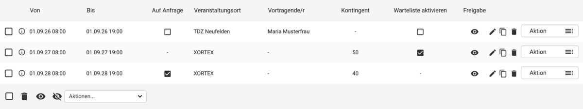 Backend Listenübersicht bei Veranstaltungsterminen mit den verschiedenen Einstellungsmöglichkeiten