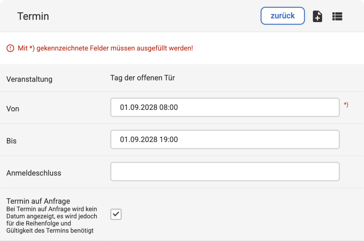 Backend Eingabemaske bei Veranstaltungsterminen bei der Termin auf Anfrage aktiviert ist