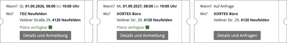 Frontend Beispiel mit drei Terminen, der dritte Termin hat einen Details und Anfragen-Button