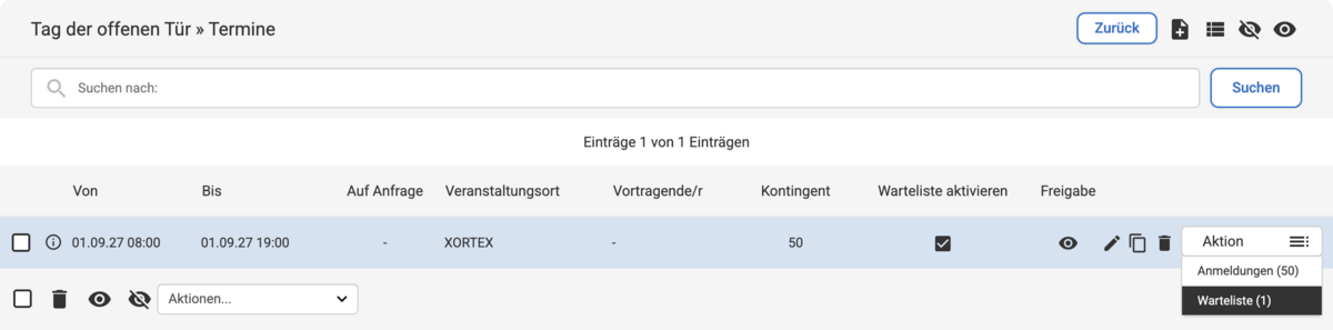 Backend Listenübersicht bei Veranstaltungstermin mit geöffnetem Aktions-Dropdown mit markiertem Eintrag Warteliste
