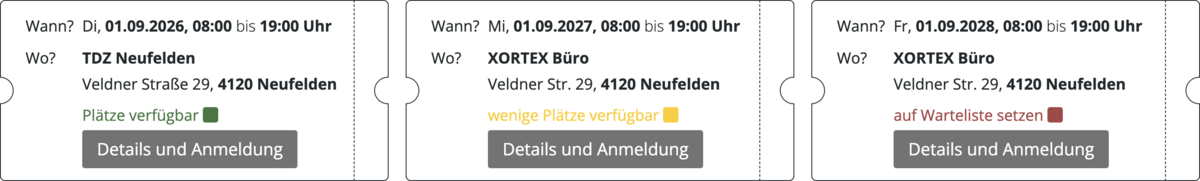 Frontend Darstellung des Ampelsystems bei Veranstaltung mit Warteliste mit den Hinweisen beim Termin: Plätze verfügbar, wenige Plätze verfügbar und auf Warteliste setzen