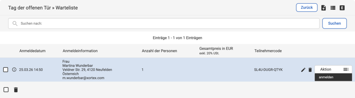 Backend Listenübersicht bei Veranstaltungs-Warteliste mit geöffnetem Aktions-Dropdown mit markiertem Eintrag anmelden
