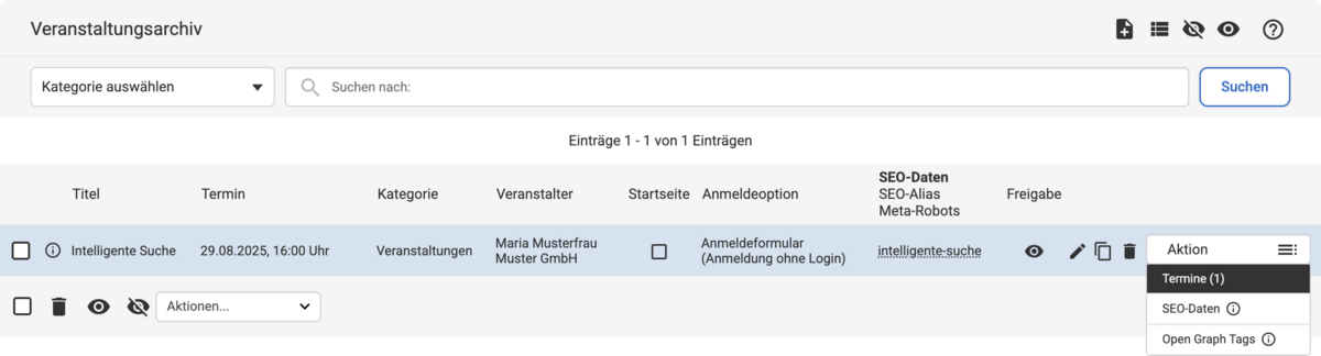 Backend Listenübersicht im Veranstaltungsarchiv mit geöffnetem Aktions-Dropdown mit markiertem Eintrag Termine