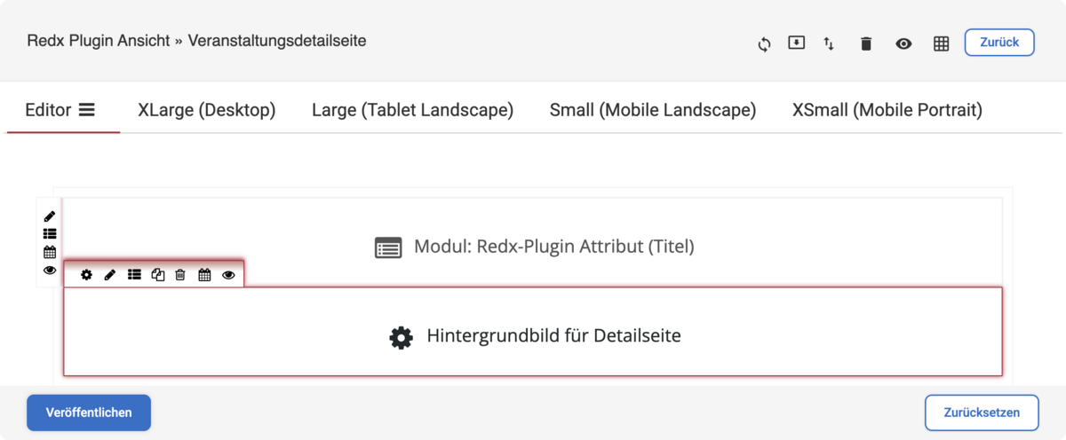 Backend Veranstaltungsdetailseite mit dem Modul Hintergrundbild für Detailseite