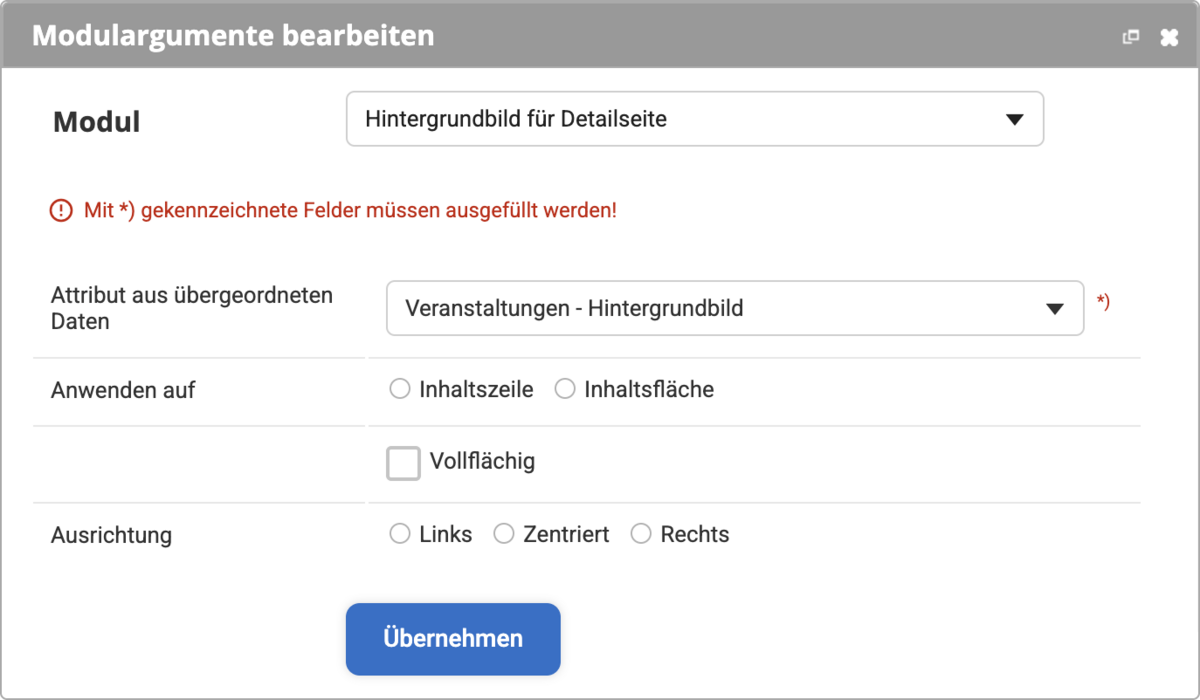 Backend Einstellungen beim Modul Hintergrundbild für Detailseite