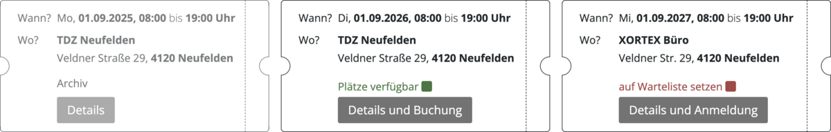 Frontend Beispiel drei Terminen bei einer Veranstaltungsdetailseite