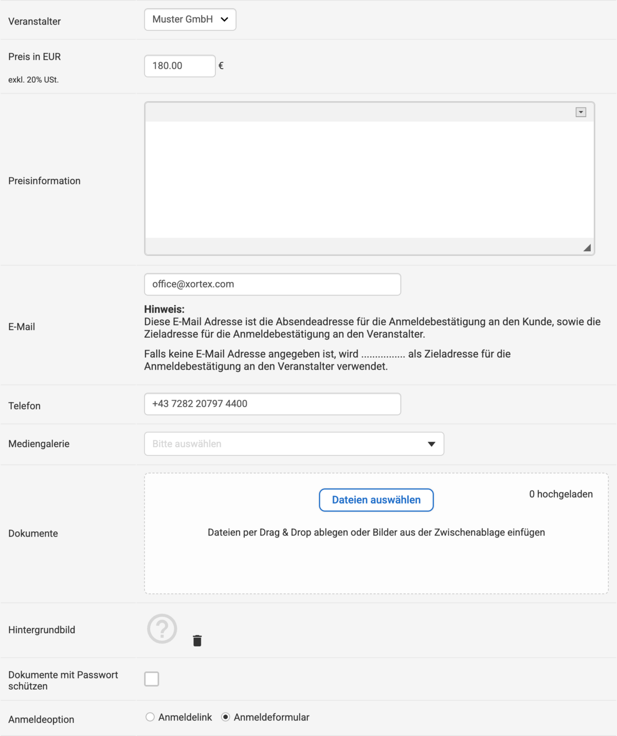 Backend Eingabemaske mit hinterlegtem Preis und der Anmeldeoption Anmeldeformular beim Erstellen einer Veranstaltung