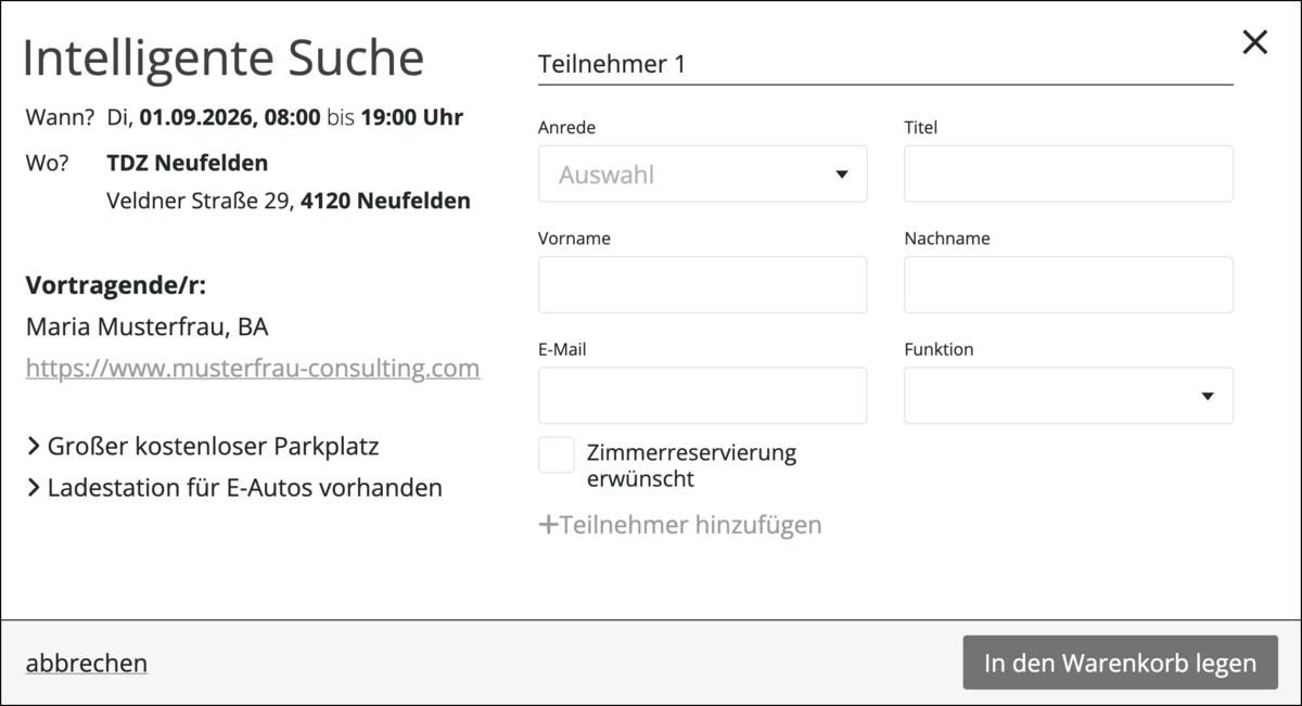 Frontend Beispiel einer Veranstaltungsanmeldung bei einer kostenpflichtigen Veranstaltung