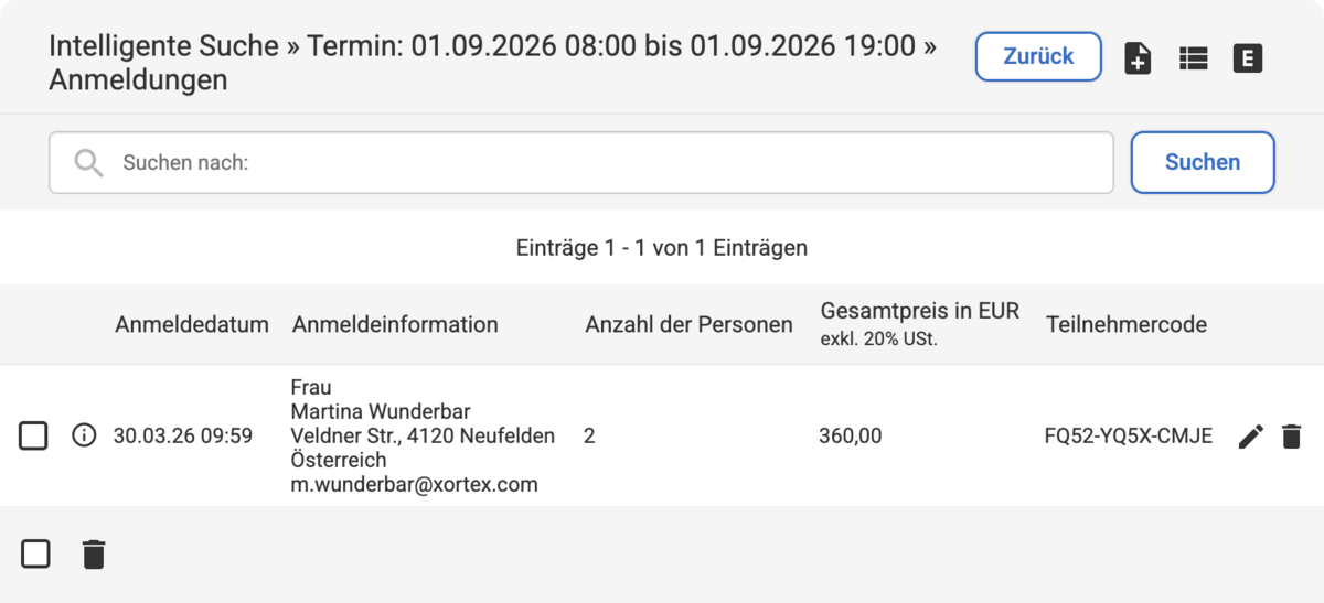 Backend Listenübersicht bei einem Veranstaltungstermin mit einer Anmeldung