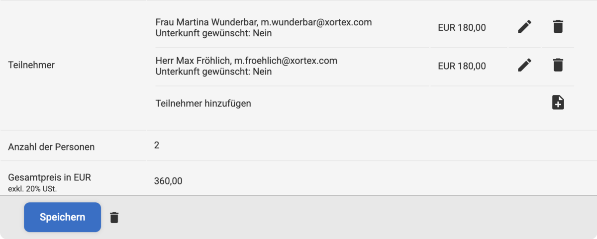Backend Übersicht bei einem Veranstaltungstermin mit angemeldeten Teilnehmern bei einer kostenpflichtigen Veranstaltung