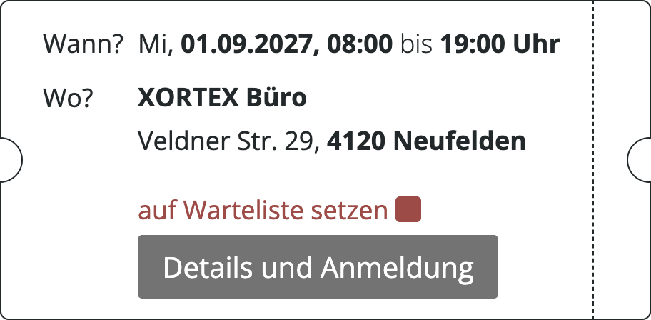 Frontend Beispiel mit einem Termin zum Anmelden mit einem Details und Anmeldung-Button