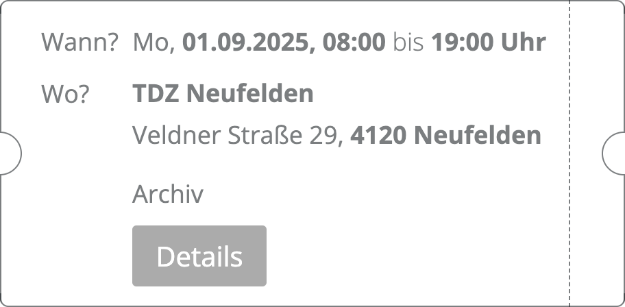Frontend Beispiel mit einem archivierten Termin mit Details-Button
