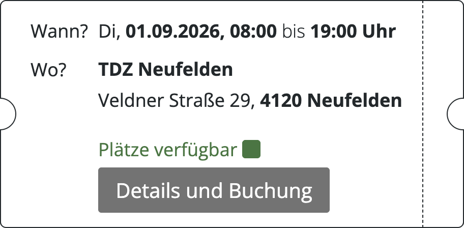 Frontend Beispiel mit einem Termin zum Kaufen mit einem Details und Buchung-Button