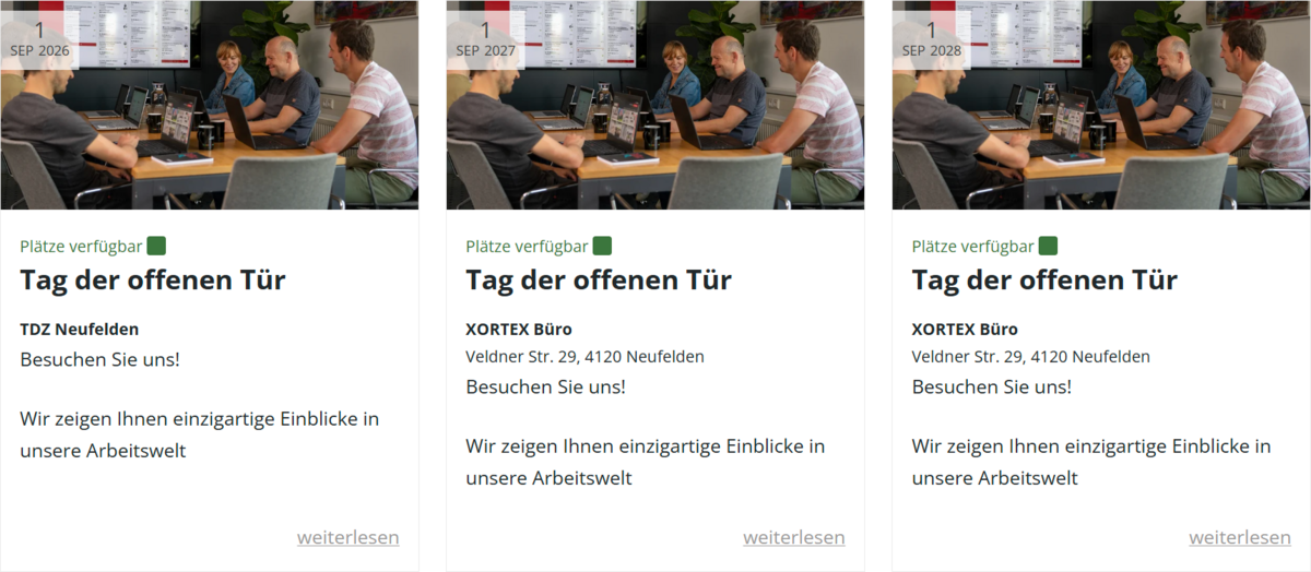Frontend Beispiel mit drei Terminen in der Listenübersicht mit unterschiedlichen Veranstaltungsorten