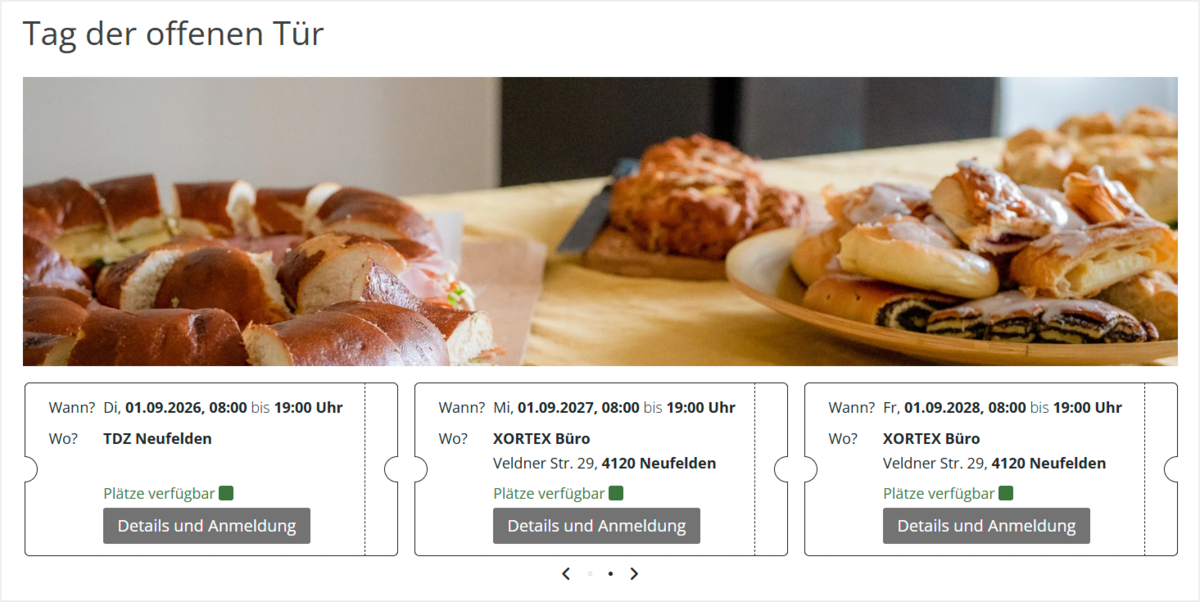 Frontend Beispiel einer Veranstaltungsdetailseite mit verschiedenen Terminen