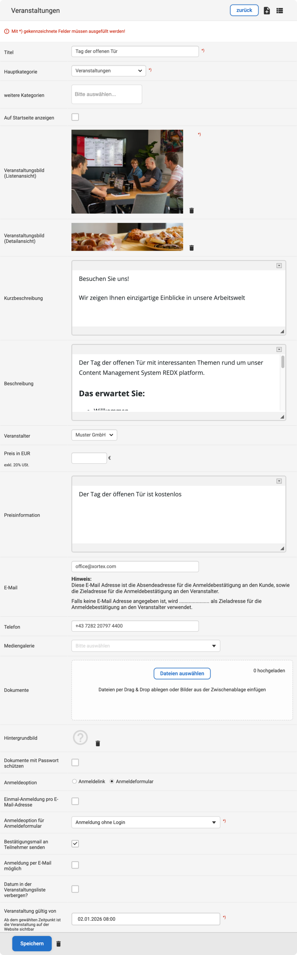 Backend Eingabemaske zum Erstellen einer neuen Veranstaltung