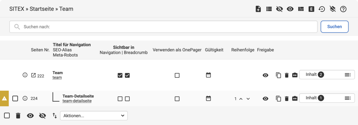 Backend SITEX-Listenübersicht mit Team-Detailseite unterhalb der Team-Seite. Sichtbar in Navigation und Breadcrumb sind deaktiviert.