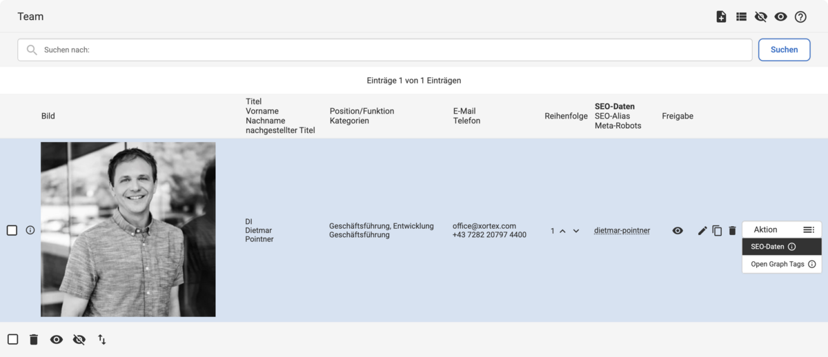 Backend Listenübersicht mit einem Teammitglied mit den verschiedenen Spalten und geöffnetem Aktionen-Dropdown, SEO-Daten ist markiert