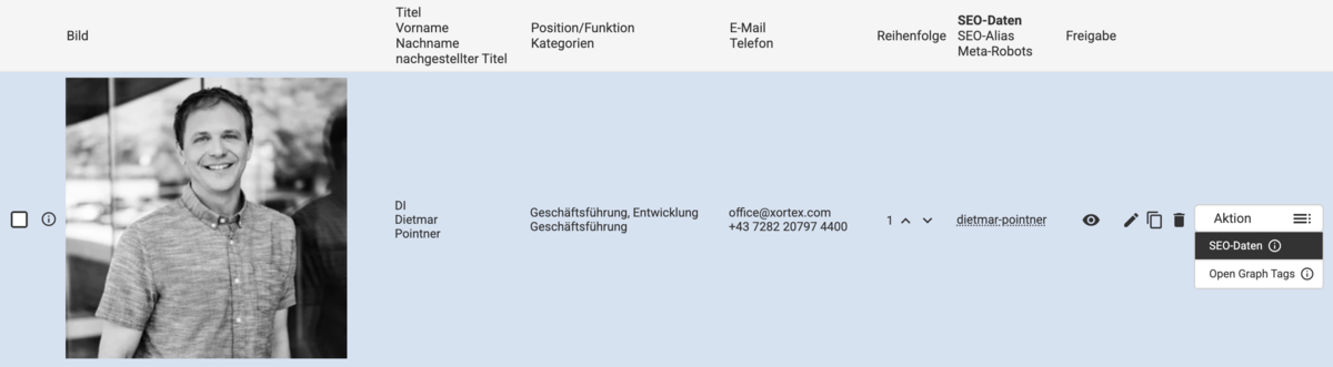 Backend Listenübersicht mit einem Teammitglied mit geöffnetem Aktionen-Dropdown, SEO-Daten ist markiert